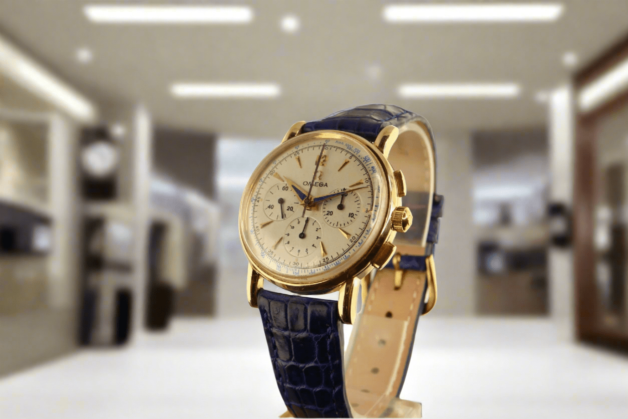 1949 Vintage Omega 2439 Chronograph 14K Gold Cal 321 Box Blue Art