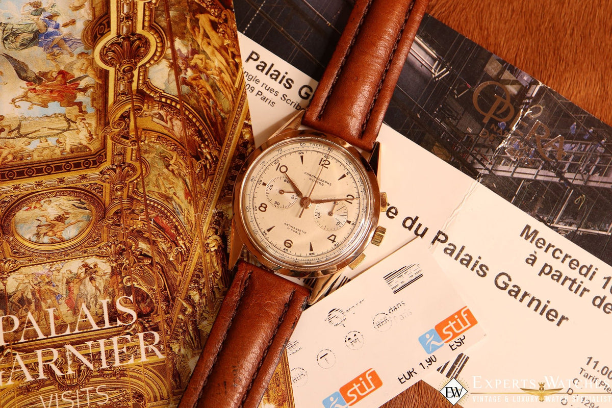 SOLD 1950s Serviced Vintage Chronographe Suisse 18K Gold Lemania Ca Experts Watches