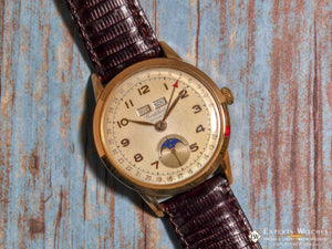 1940's Vintage Cortebert Sport Triple Date Italian Day Moonphase 18k Gold Watch - Cortebert Wristwatches