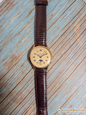 1940's Vintage Cortebert Sport Triple Date Italian Day Moonphase 18k Gold Watch - Cortebert Wristwatches