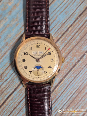 1940's Vintage Cortebert Sport Triple Date Italian Day Moonphase 18k Gold Watch - Cortebert Wristwatches