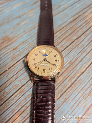 1940's Vintage Cortebert Sport Triple Date Italian Day Moonphase 18k Gold Watch - Cortebert Wristwatches