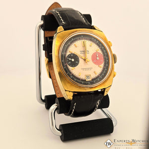 Vintage GRUEN Valjoux 7734 Gold Plate Chronograph Watch Raspberry Panda Dial CPO - Experts Watches - Gruen