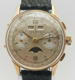 Vintage Haste Chronograph Triple Date MoonPhase LEONIDAS VALJOUX 88 Watch Gold - Haste Wristwatches