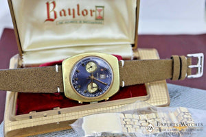 Vintage BAYLOR Chronograph Beautiful Blue Dial Matt Gold Fill Date at 12 W/ Box - Baylor Wristwatches