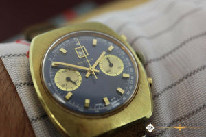 Vintage BAYLOR Chronograph Beautiful Blue Dial Matt Gold Fill Date at 12 W/ Box - Baylor Wristwatches
