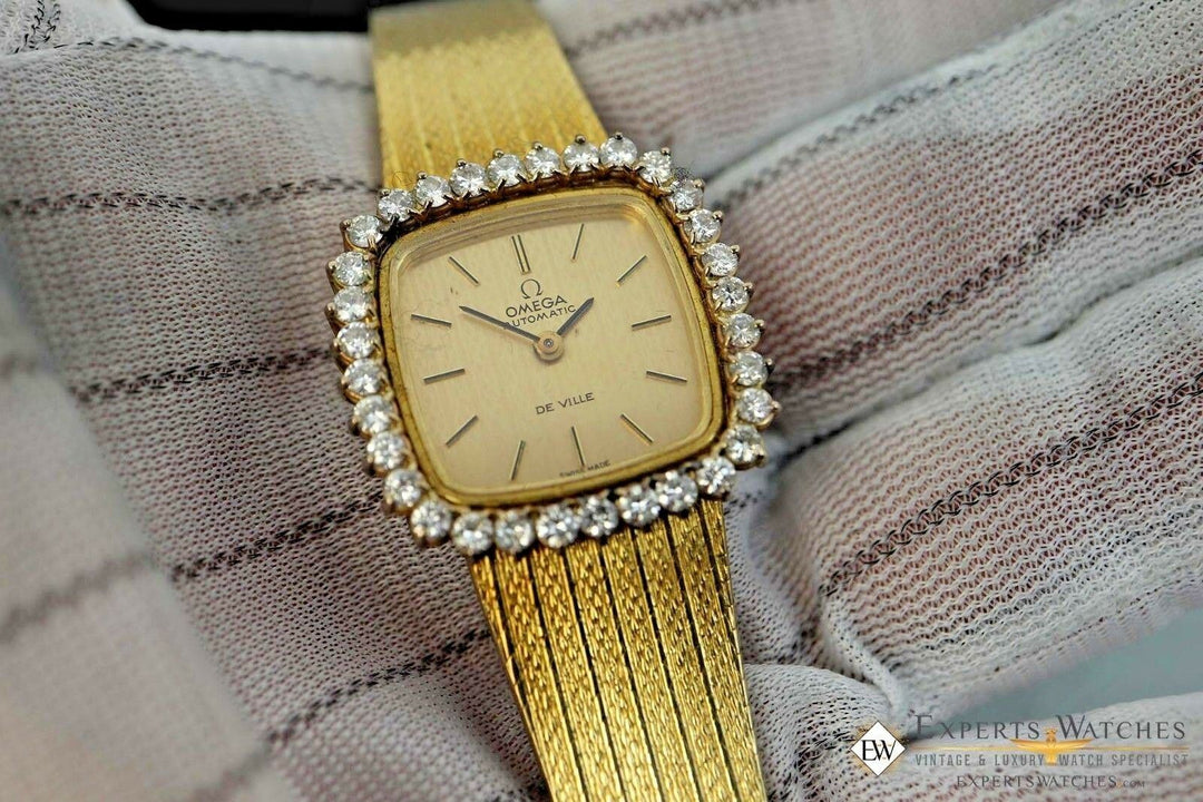 Vintage OMEGA Ladies DE VILLE Automatic 32 Diamonds 18K Gold Watch Ref ...