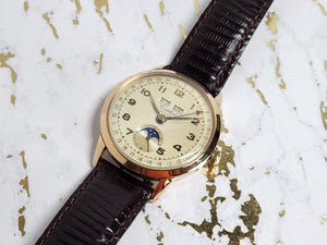 1940's Vintage Cortebert Sport Triple Date Italian Day Moonphase 18k Gold Watch - Cortebert Wristwatches