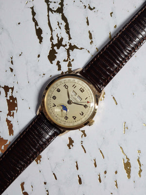 1940's Vintage Cortebert Sport Triple Date Italian Day Moonphase 18k Gold Watch - Cortebert Wristwatches