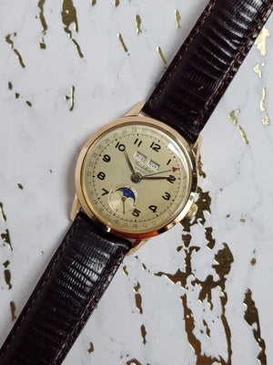 1940's Vintage Cortebert Sport Triple Date Italian Day Moonphase 18k Gold Watch - Cortebert Wristwatches