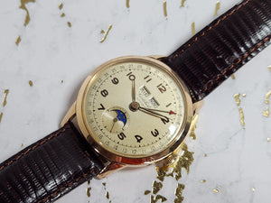 1940's Vintage Cortebert Sport Triple Date Italian Day Moonphase 18k Gold Watch - Cortebert Wristwatches