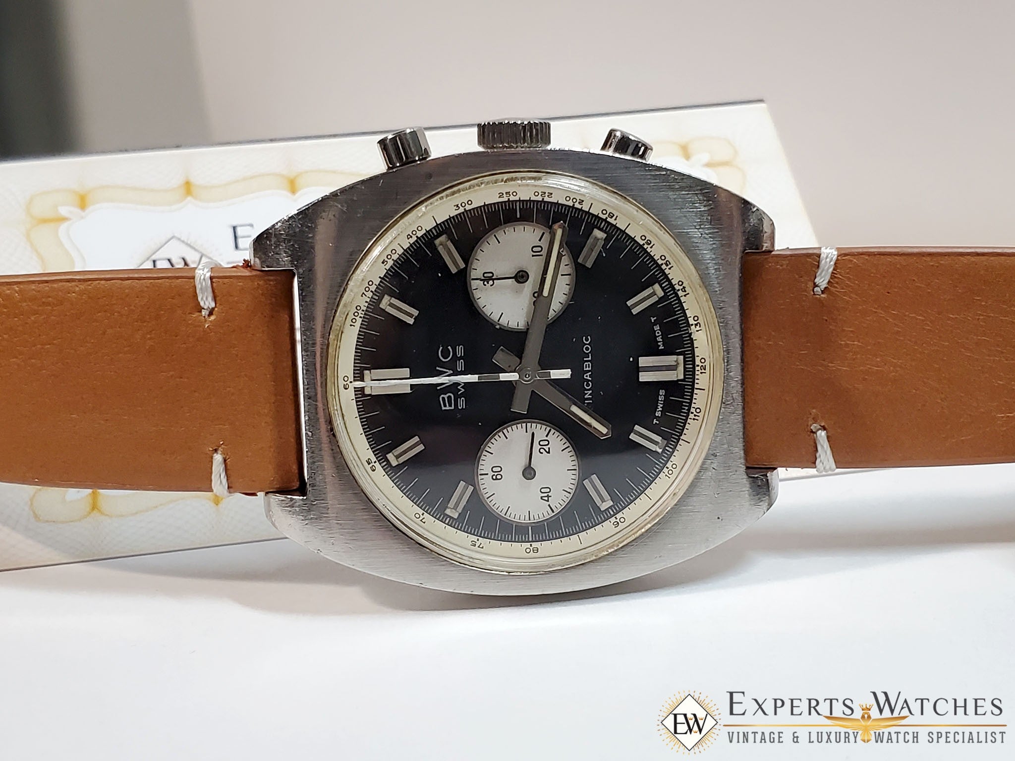 Serviced Vintage 1970's BWC Military Chronograph 7733 Watch Panda