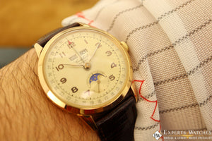 1940's Vintage Cortebert Sport Triple Date Italian Day Moonphase 18k Gold Watch - Cortebert Wristwatches